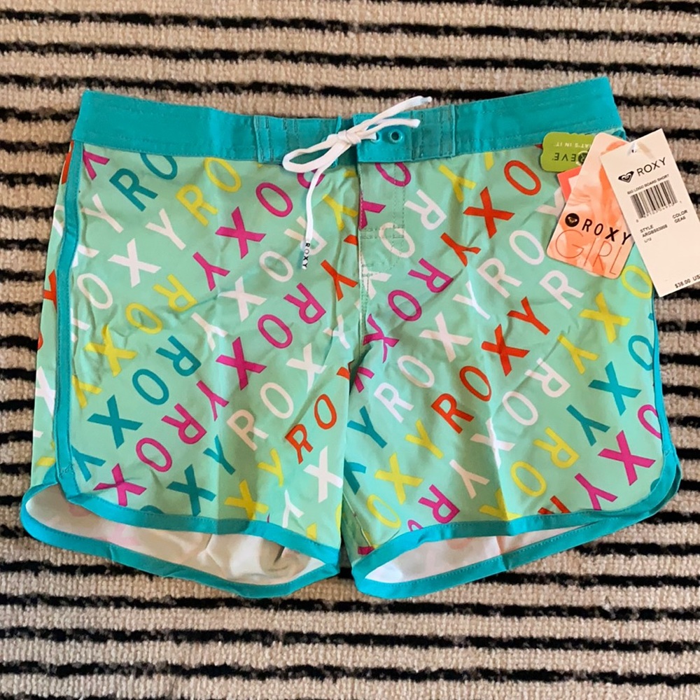 BNWT ROXY Girls Boardshorts teal with allover print L 12 XL 14 surf swim shorts